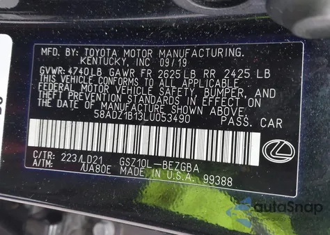 2020 Lexus Es 350 z USA, uszkodzony, nr VIN 58ADZ1B13LU053490